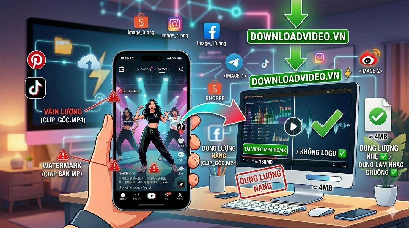 So sánh dung lượng tải video Douyin MP4 (nặng) và tải nhạc MP3 (nhẹ) để làm nhạc chuông 2026